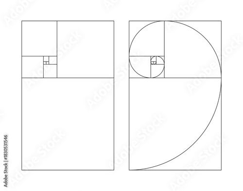 Vertical golden ratio harmony proportions templates. Fibonacci array set. Fibonacci numbers collection.