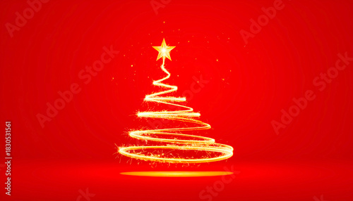 christmas tree from light spark on red background and copy space