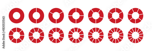 Circle division on 1, 2, 3, 4, 5, 6, 7, 8, 9, 10, 11,12, 13, 14 red equal parts. Wheel round divided red diagrams with one, two, three, four, six, seven, eight, nine, ten, twelve, fourteen elements