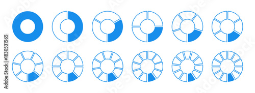 Wheel round blue divided diagrams with one, two, three, four, five, six, seven, eight, nine, ten, eleven, twelve segments. Circle division on 1, 2, 3, 4, 5, 6, 7, 8, 9, 10, 11, 12 equal parts. Coachin