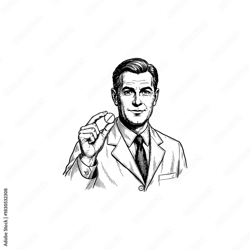 Fototapeta premium Doctor Holding Pill - Vintage Engraving Style.