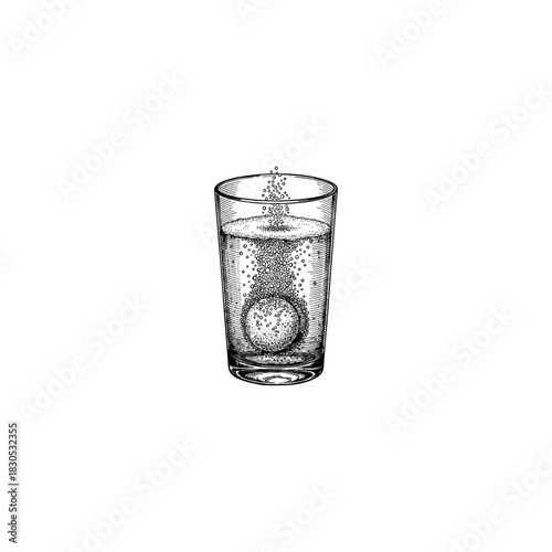 Fizzing Tablet in Water Glass – Vintage Engraving Style.