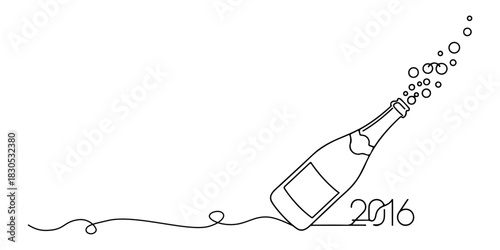 Continuous one line of a champagne bottle with bubbles celebrating new year 2016, celebration theme, hand drawn vector illustration.