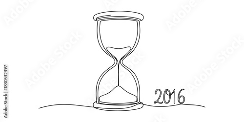 Continuous one line of an empty hourglass, symbolizing the end of 2015 towards 2016, celebration theme, hand drawn vector illustration.