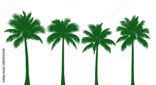 Four green palm trees with detailed leaves and trunks, standing in a row against a transparent background