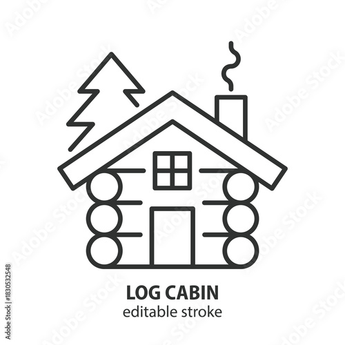Log cabin line icon. Vector wooden house with tree symbol. Editable stroke.