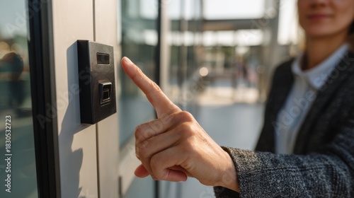 A woman engaging with a modern biometric access control system, showcasing security technology in a sleek office environment.