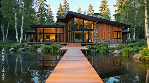 Modern wooden structure with glass facade overlooking tranquil water and forest scenery