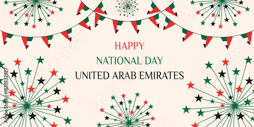 UAE. Vector horizontal banner with UAE flag holiday ribbon firework and text. Happy national day of United Arab Emirates. EPS 10