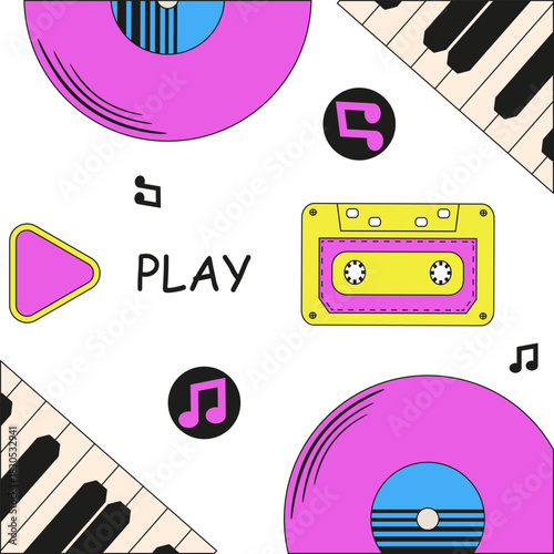 90s disco Party style vector art. Vector illustration of retro audio tape vinyl record piano keys isolated transparent background. Perfect retro t-shirt hoodies print design. EPS 10