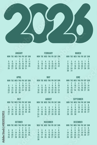 2026 trendy color Calendar. 2026 vertical Calendar layout. Vector illustration of 2026 Calendar template design with modern 2026 numbers. EPS 10