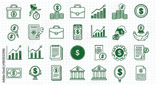 A collection of financial and business icons including money, banking, investments, and economic growth symbols