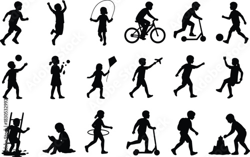A large collection of vector silhouettes showing people playing various sports like running, tennis, basketball, and soccer