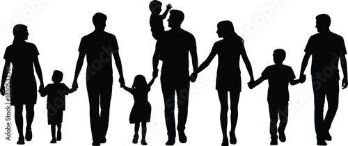 A black vector illustration featuring silhouettes of a business group, a walking couple, and an evolving family with a mother, father, child, and baby