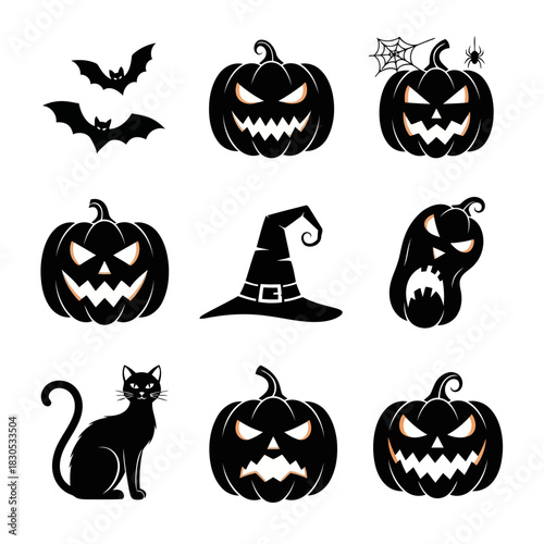 Halloweenthemed icons featuring a bat, jackolanterns, witch hat, black cat, and ghost on a