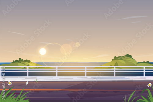 Illustration of a road with a view of the sea and green islands