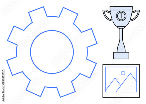 Achievement concept. Achievement ed with a gear for process, trophy for success, and image for creativity. Achievement in business, design innovation, personal goals, engineering, and art development