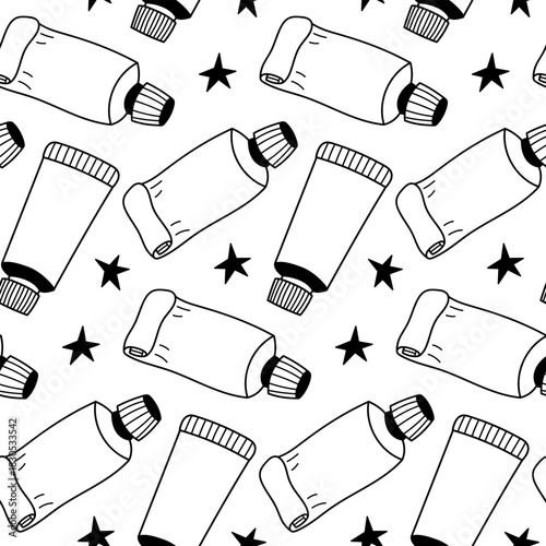 Seamless toothpaste doodle pattern on white background. Perfect for dental branding, hygiene campaigns, packaging, bathroom decor, promotional materials and modern wellness or healthcare designs.