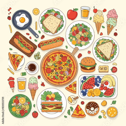 Assorted food items including pizza, burgers, sandwiches, hot dogs, and desserts isolated on