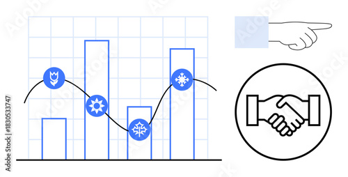 Business concept. Business growth ed by a bar chart, collaboration with a handshake icon, and guidance indicated by a pointing hand. For analytics, teamwork, finance, partnerships, decision-making