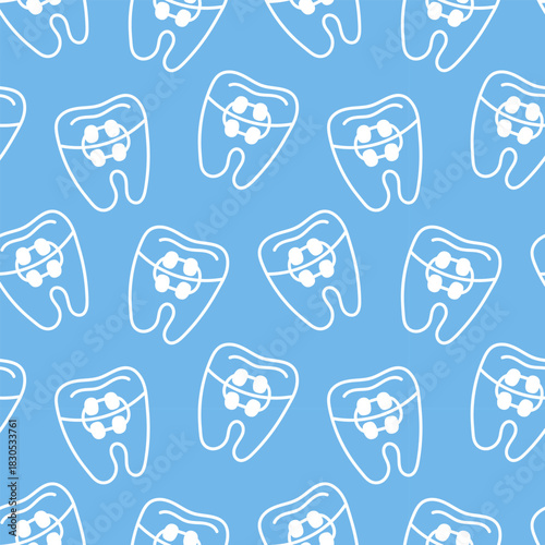 Seamless orthodontic pattern on blue background. Ideal for clinics, branding, patient materials, teen dental care, hygiene campaigns and modern medical or cosmetic dentistry design projects