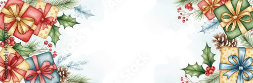 Watercolor rectangular Christmas frame with gift boxes, evergreen fir branches and bling with empty copy space in the center for invitation, greeting and text.