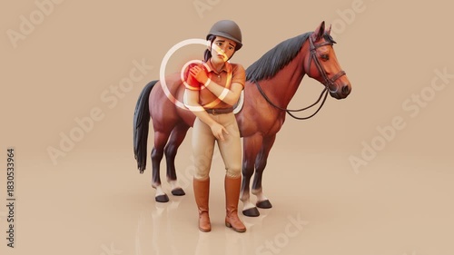 Conceptual 3D animation of a young horse rider with shoulder pain