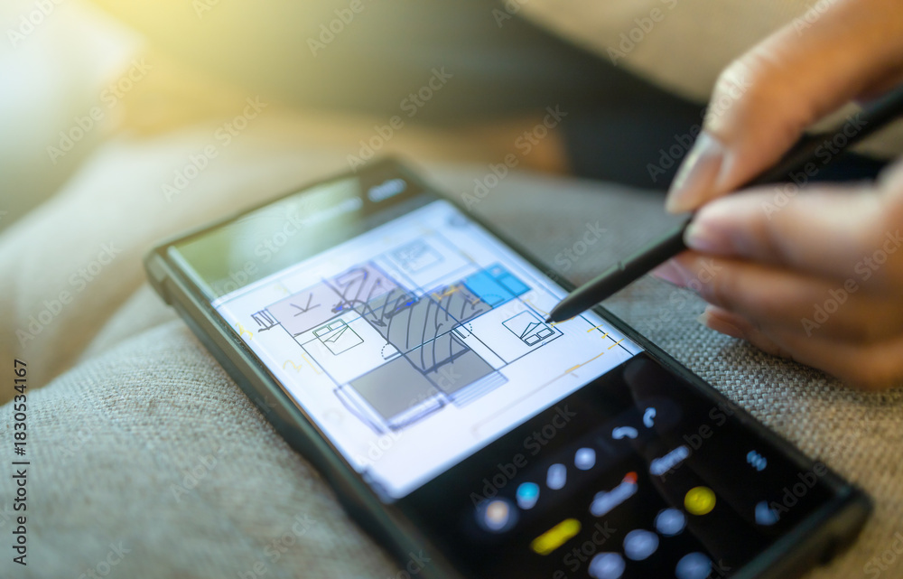 Fototapeta premium Digital floor plan sketching and editing on smartphone with stylus, Hand using stylus to draw, edit digital floor plan on smartphone, showing modern mobile design, creativity, and home planning tools