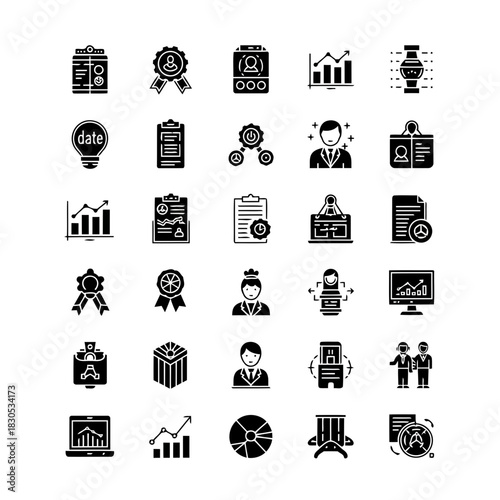 Set of business and achievement icons including awards, certificates, and professional symbols