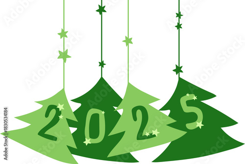 A vibrant cartoon illustration of three stylized evergreen Christmas trees with varying shades of green foliage and brown trunks, with white snow-like accents on their branches.