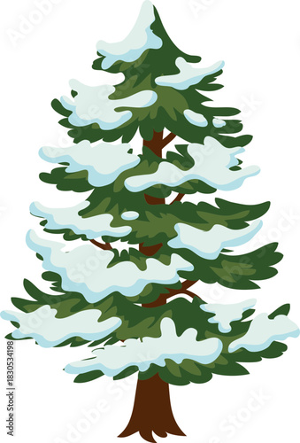 A vibrant cartoon illustration of three stylized evergreen Christmas trees with varying shades of green foliage and brown trunks, with white snow-like accents on their branches.