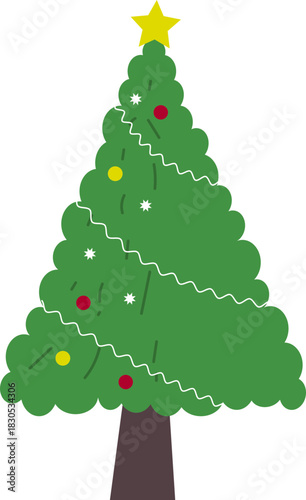 A vibrant cartoon illustration of three stylized evergreen Christmas trees with varying shades of green foliage and brown trunks, with white snow-like accents on their branches.