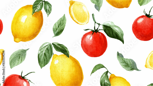 Positano style citrus and tomato pattern with yellow lemon fruits, red tomatoes and green leaves. Amalfi Coast style ceramic tile design is perfect for cocktail menus or seamless backgrounds.