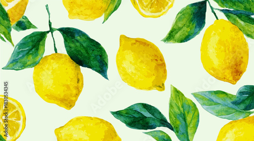 Italian lemon tile design with Capri-style ceramic patterns. Yellow citrus fruits and leaves create authentic Mediterranean summer decoration for various projects.