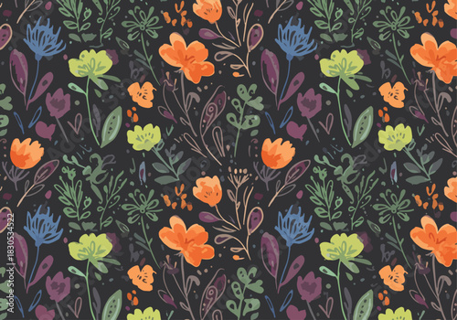 Soft floral pattern with pastel flower and leaves on watercolor background