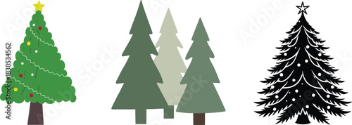 Image features three Christmas trees arranged in a row against a white background. Each tree is lush and green, adorned with a variety of ornaments. The left tree is decorated with silver and white ba