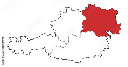 A detailed map of Austria highlighting lower Austria, showing clear borders, regional divisions, transport routes, and geographic markers for business, agriculture, and travel use.