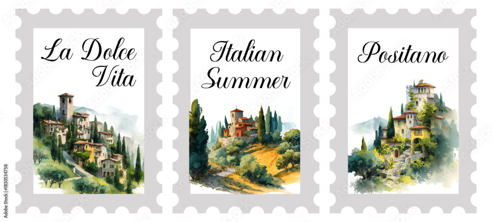 Fototapeta premium Italian stamp-style poster set showcasing Positano village scenes. Watercolor vineyard landscapes with Mediterranean countryside, charming houses, and summer fields of Tuscany.