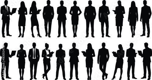 Black Silhouettes of Business Professionals in Formal Attire – Men and Women Holding Laptops, Tablets, Documents – Office, Career, Corporate Concept