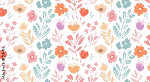 Watercolor painting of flowers and leaves on a white background. A creative watercolor painting featuring pink flowers and green leaves on a white background