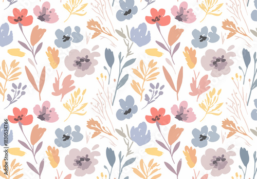 Watercolor painting of flowers and leaves on a white background. A creative watercolor painting featuring pink flowers and green leaves on a white background