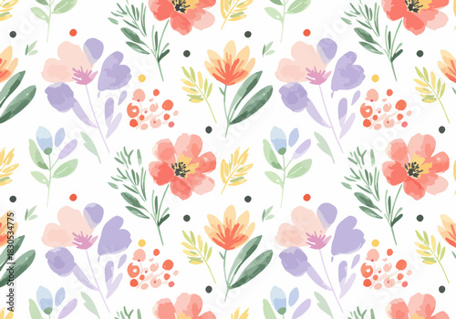 Watercolor painting of flowers and leaves on a white background. A creative watercolor painting featuring pink flowers and green leaves on a white background