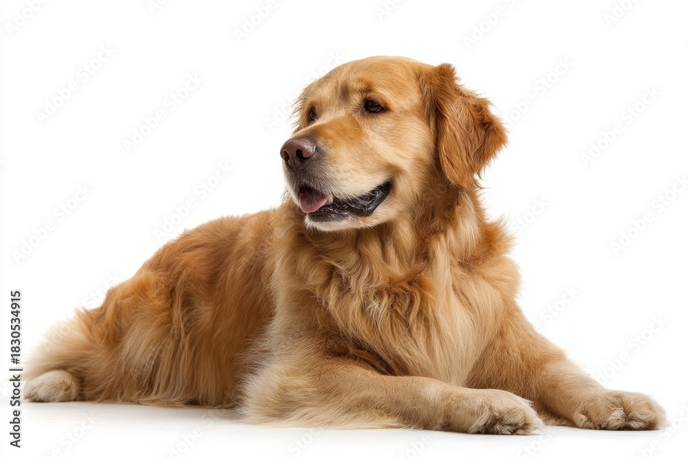 Fototapeta premium A beautiful golden retriever dog with soft golden fur rests calmly on a pure white background, looking gently to the left side.
