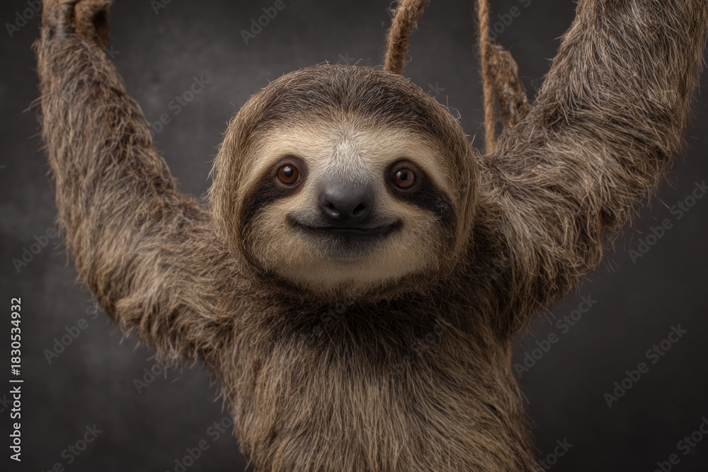 Obraz premium A contented brown sloth hangs from a sturdy rope, arms lifted high, showing its sweet, smiling face to the camera.