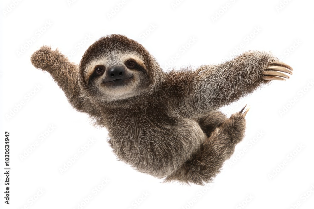 Naklejka premium A young, happy sloth is smiling and stretching its arms out wide, appearing to fly gracefully through the bright white space.
