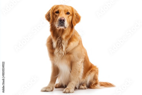 A golden retriever dog sits patiently on a clean white background, looking directly forward with a gentle expression.
