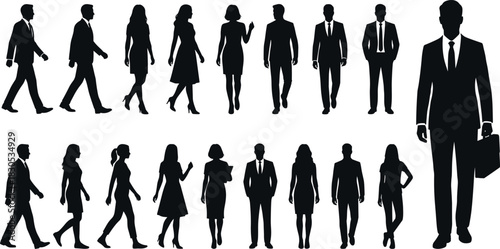 Black Silhouettes of Business Professionals in Formal Attire – Men and Women Walking, Standing, Conversing – Career, Office, Corporate Concept
