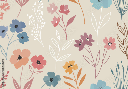 Abstract colorful block print pattern. Watercolor flower pattern