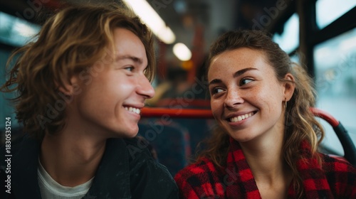 A joyful interaction between a young Caucasian man and woman, sharing a lively moment on a bus.