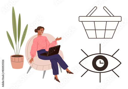 Woman sitting in a chair using a laptop, potted plant nearby, shopping basket, and watchful eye with clock. Ideal for online shopping, time management, multitasking, productivity, digital marketing